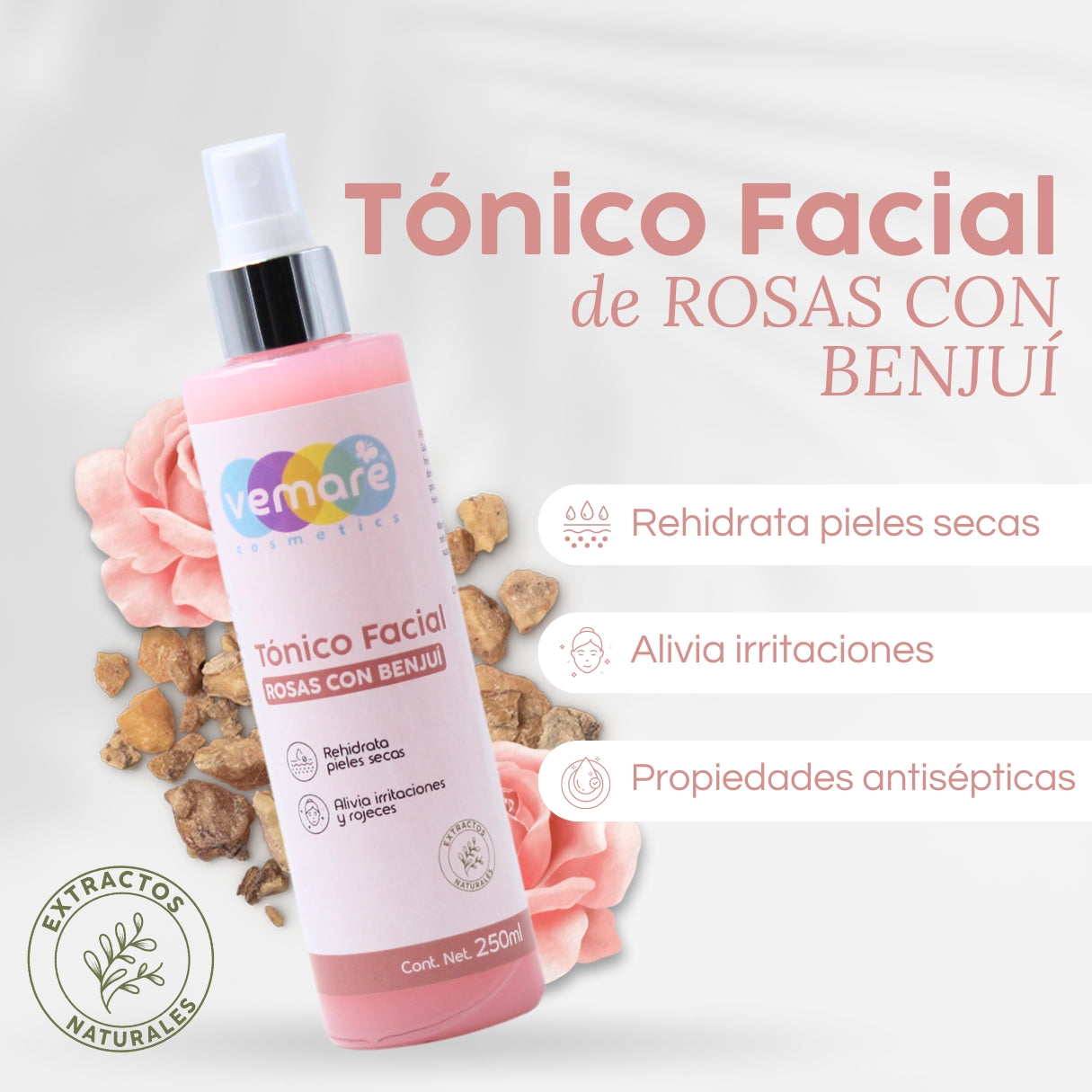 Tónico Facial De Rosas Y Benjuí Vemare Antioxidante 250ML