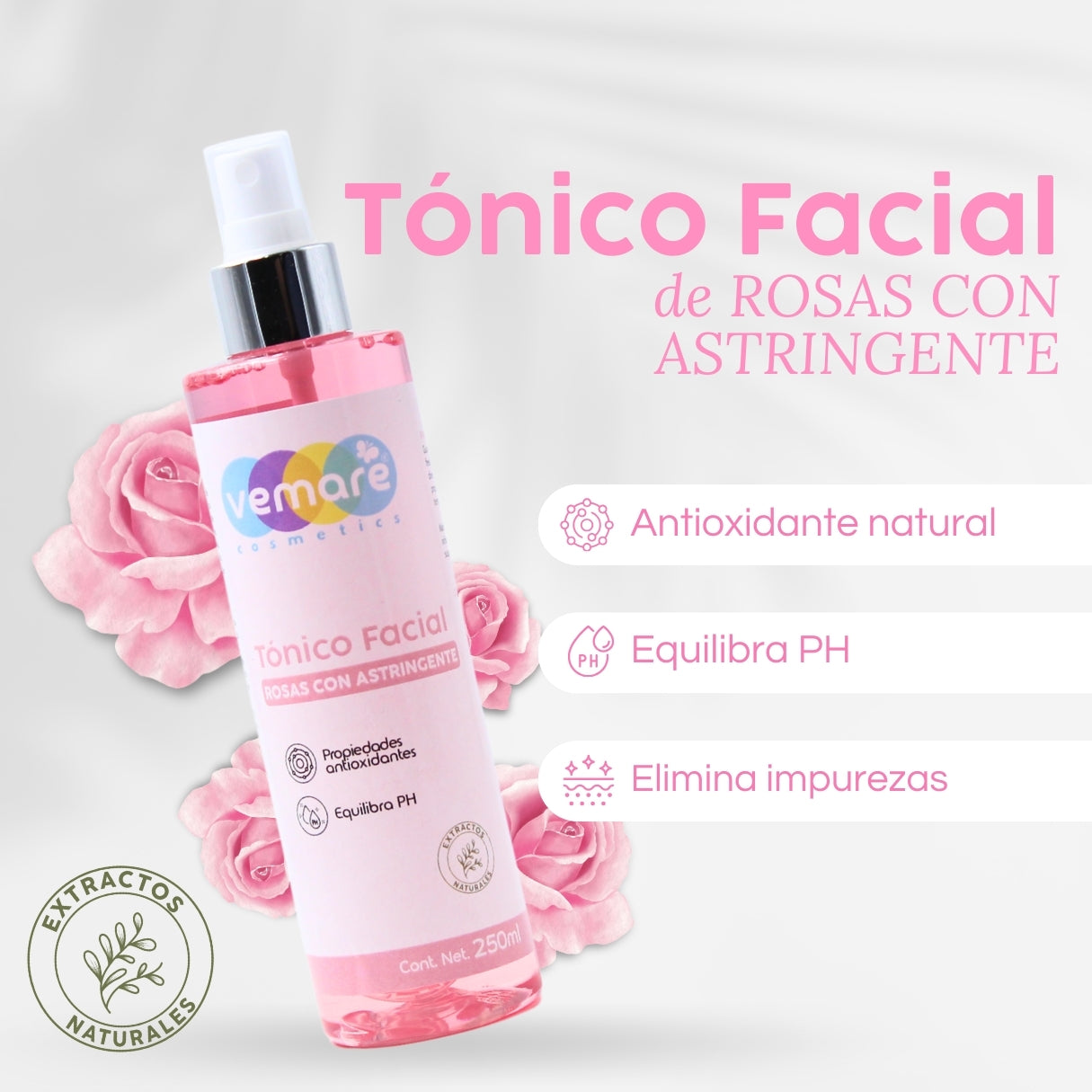Tónico Facial De Rosas Con Astringente Vemare 250ml