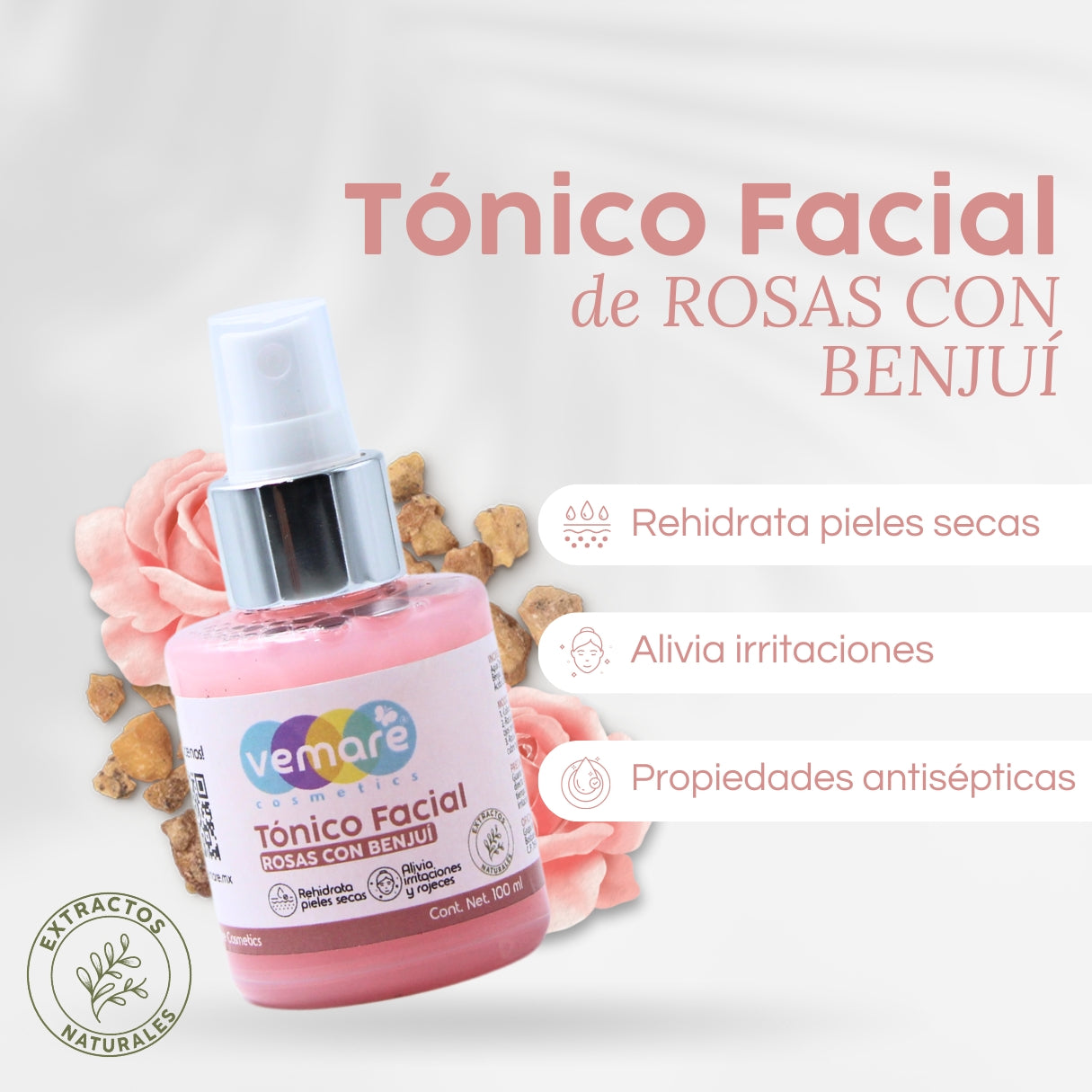 Tónico Facial De Rosas Y Benjuí Vemare Antioxidante 100ML