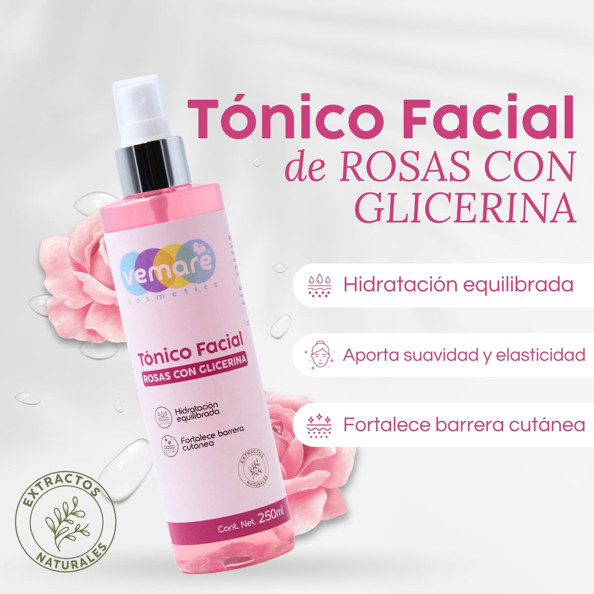 Tónico Facial De Rosas Con Glicerina Vemare Limpiador 250ML