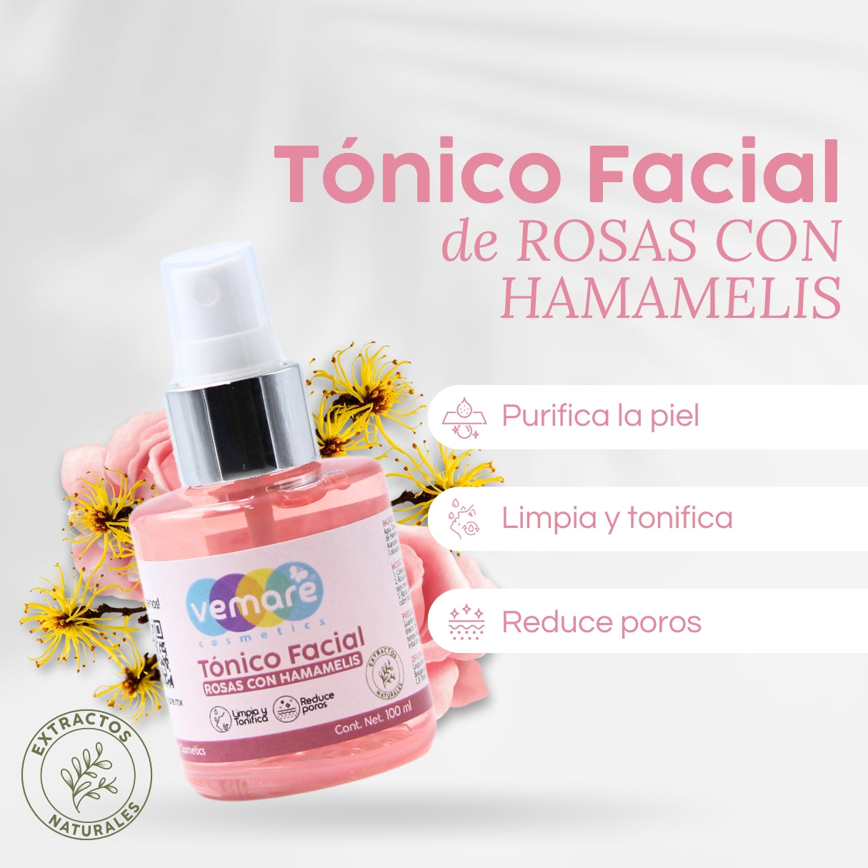 Tónico Facial De Rosas Con Hamamelis Vemare Hidrata 100ml