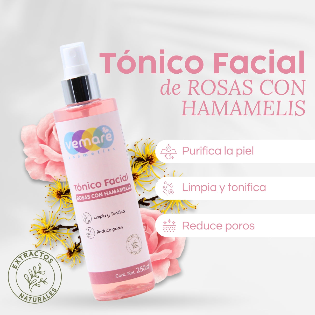 Tónico Facial De Rosas Con Hamamelis Vemare Hidrata 250ML