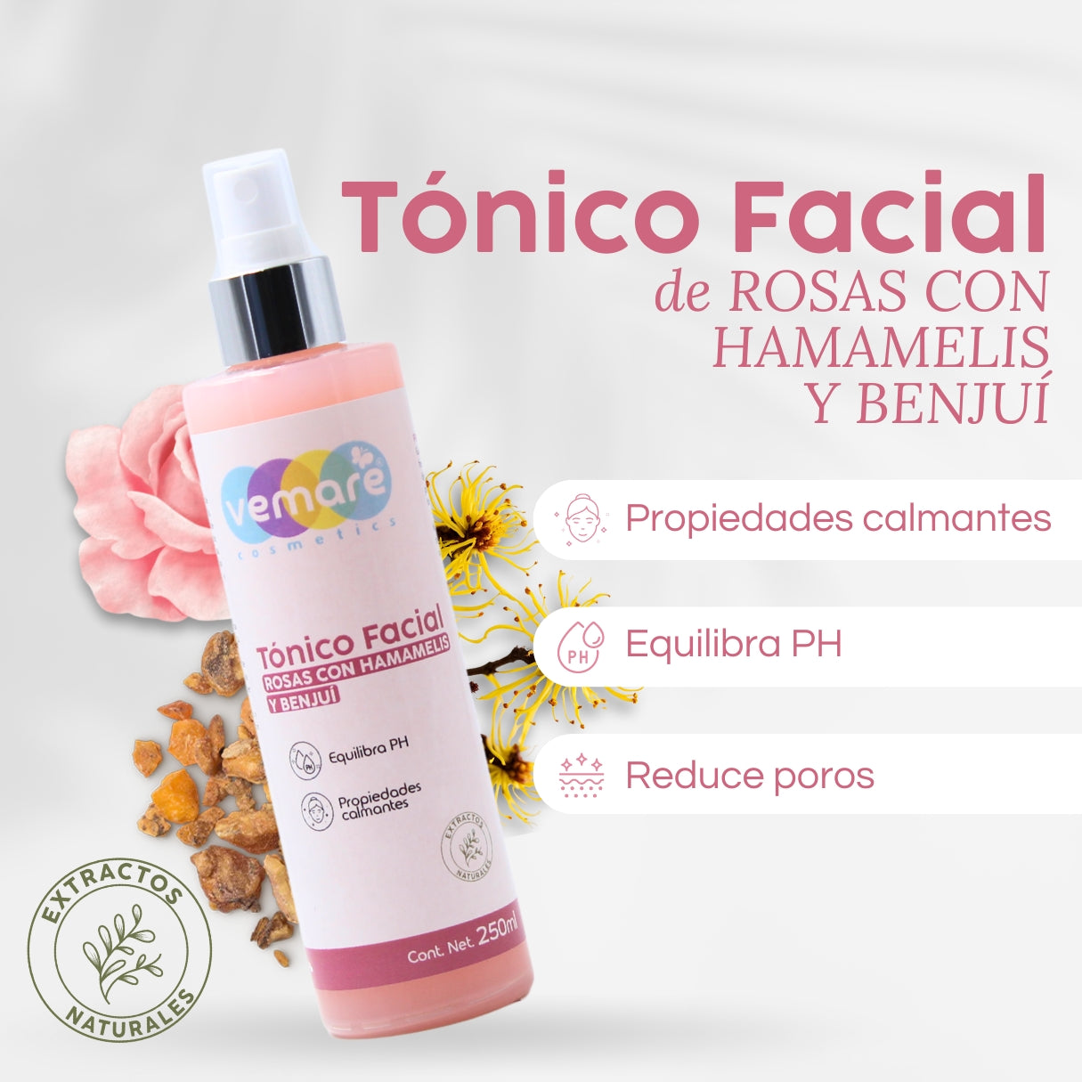 Tónico Facial Rosas Con Hamamelis Y Benjuí Vemare 250ML